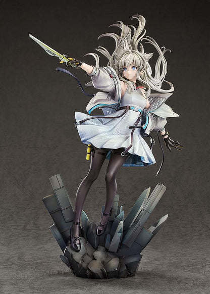 Arknights Endfield Perlica 1/7 Scale Figure featuring Perlica with flowing silver hair, animal ear details, futuristic white outfit, weapon accessory, and crystal-style display base.