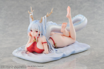 Azur Lane Shimanto 1/7 scale figure reclining on a pale cushion with icy-blue hair, branching horns, a red outfit, and a curling dragon tail.