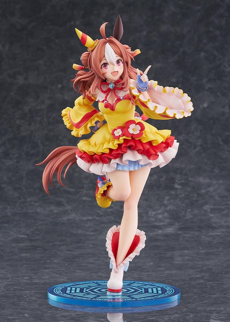 Umamusume Pretty Derby Copano Rickey Signature Racewear Ver. 1/7 Scale Figure featuring Copano Rickey in a yellow and red racewear outfit with horse ears, tail, and themed display base.