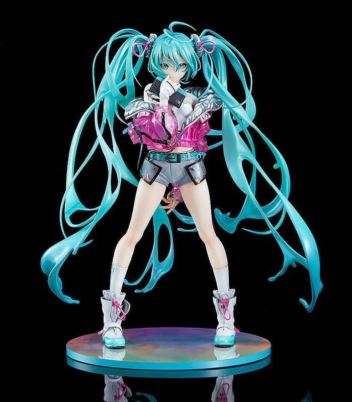Hatsune Miku with SOLWA 1/7 Scale Figure Rerelease featuring Miku with teal twin tails, metallic pink jacket, silver outfit details, and a colorful display base.