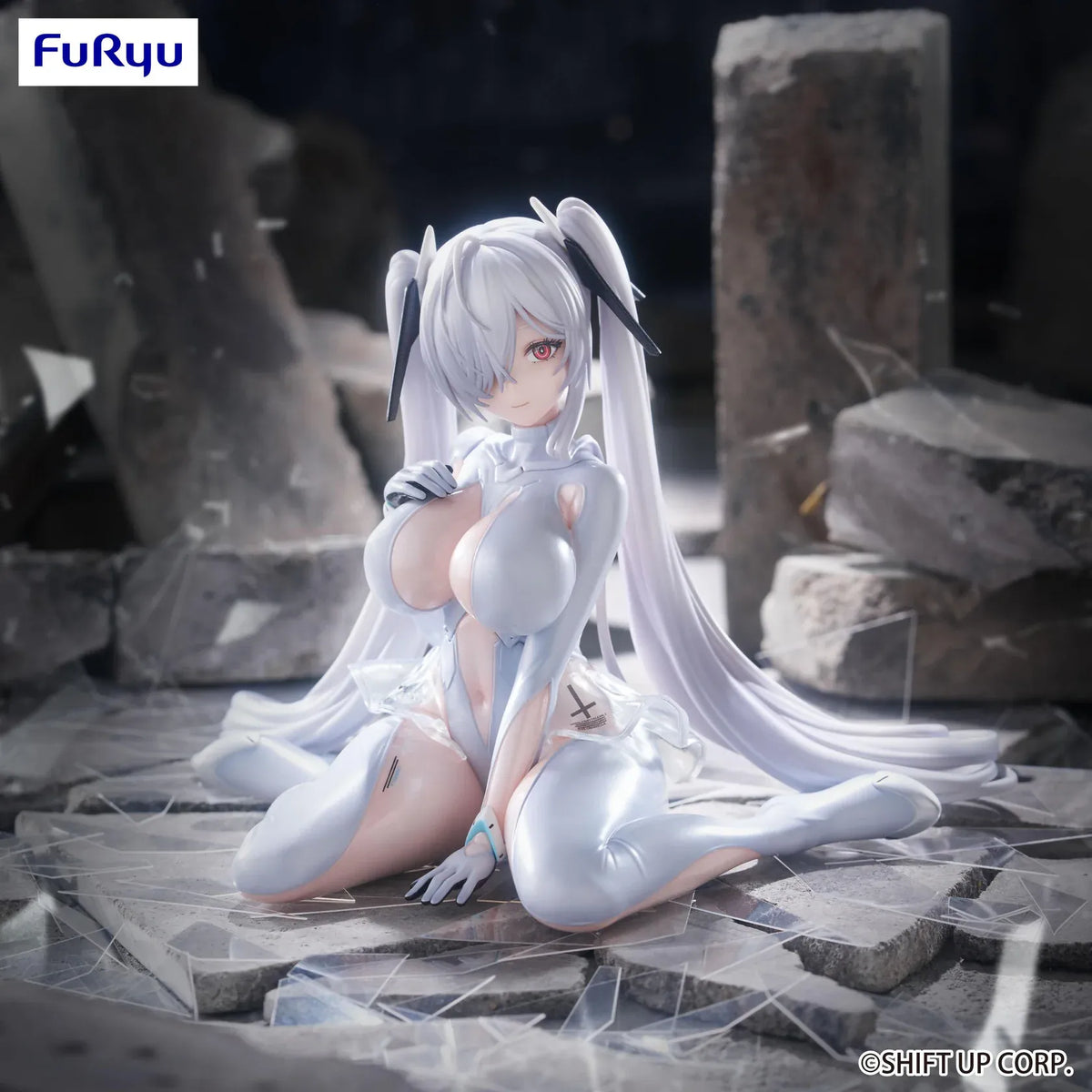 NIKKE Cinderella Noodle Stopper figure seated in a glossy white outfit with translucent skirt details, long white twin tails, and black hair accessories.