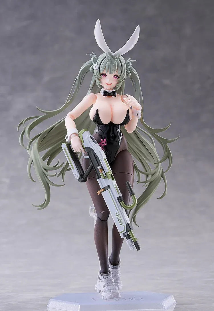 GODDESS OF VICTORY: NIKKE figma Soda Twinkling Bunny figure wearing a black bunny outfit and holding a weapon.