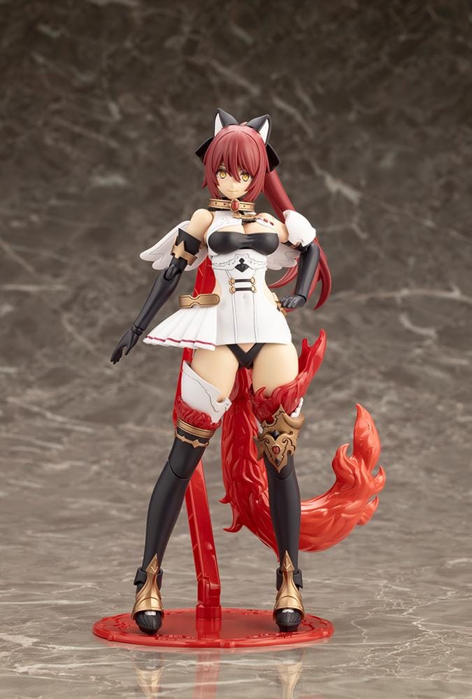 Assembled Arcanadea Charmed model kit with red hair, animal ears, a white and black outfit, gold armor accents, and a sweeping flame-like red tail.