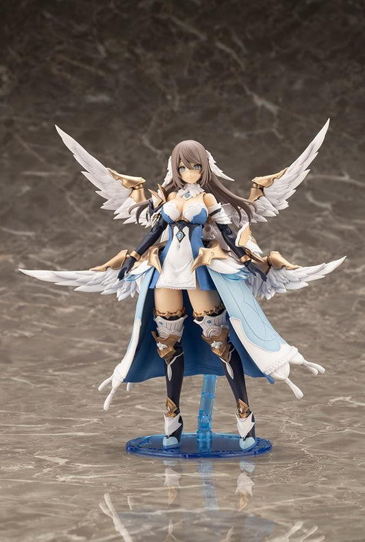 Assembled Arcanadea Ermeda model kit with long brown hair, white feathered wings, a blue and white outfit, gold armor accents, and armored boots.