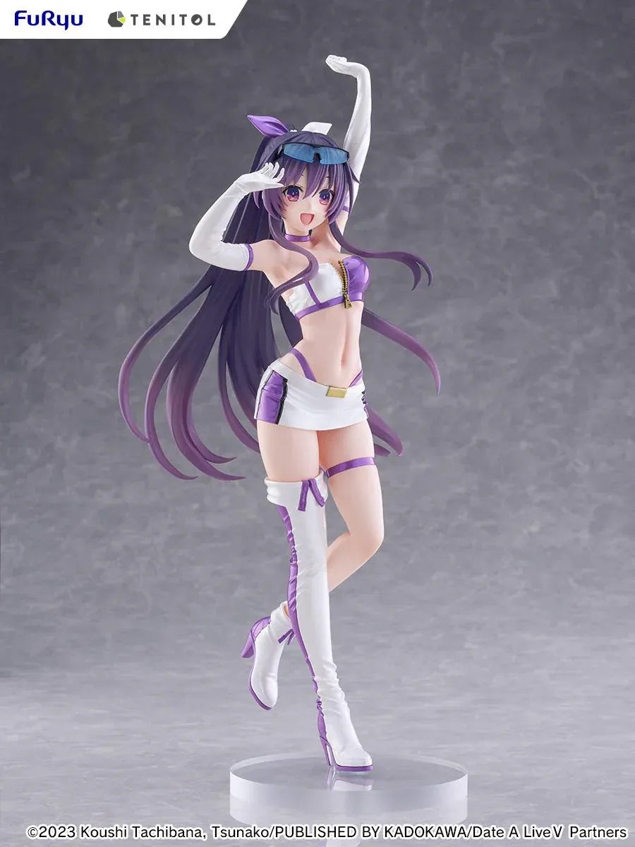 Date A Live V Tenitol Tall Tohka Yatogami Race Queen Ver. Figure featuring Tohka with long purple hair, white-and-purple race queen outfit, sunglasses, and matching boots.