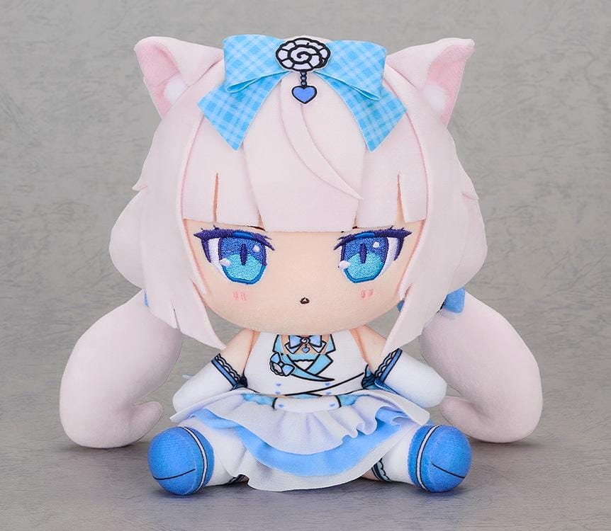 Nekopara Sekai Connect Chocopuni Plushie Vanilla Idol Outfit Ver. featuring a white-haired catgirl with blue embroidered eyes, cat ears, a large blue hair bow, and a frilly white and blue idol outfit in a cute seated design.