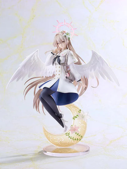 Blue Archive G.S. Collection Nagisa Radiance in Bloom 1/7 Scale Figure with white angel wings, floral halo, flowing uniform, and decorative crescent moon base