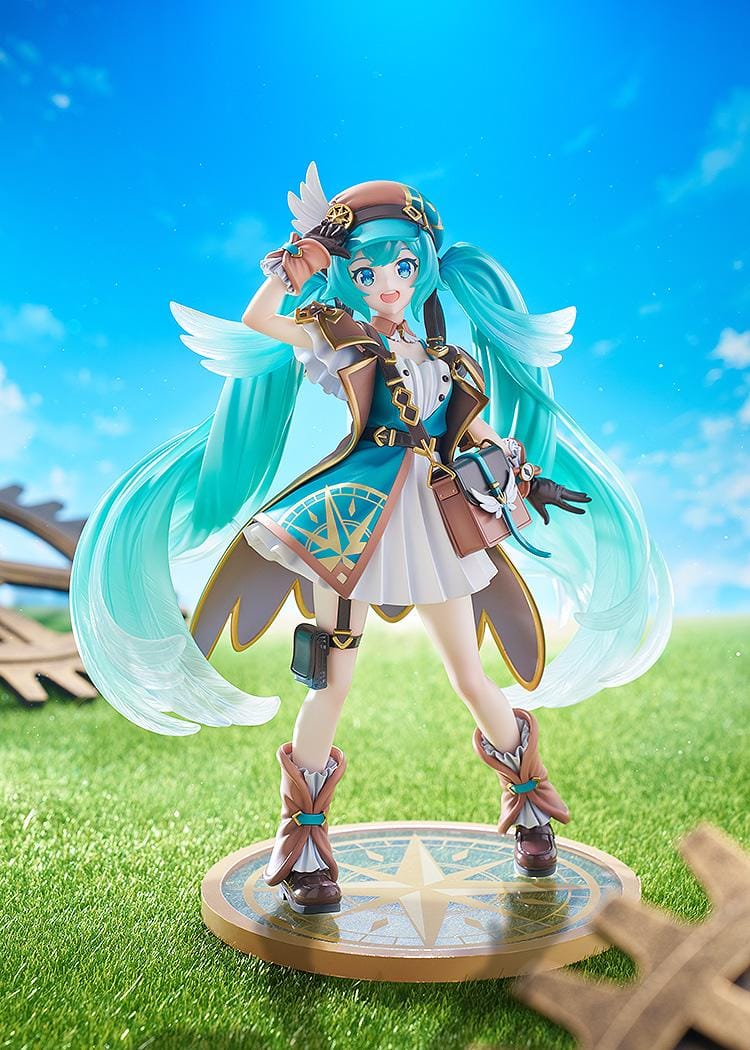 1/7 scale Hatsune Miku 100th Adventure Ver. figure in teal traveler outfit with long twin-tails and compass-style base