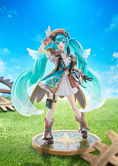 1/7 scale Hatsune Miku 100th Adventure Ver. figure in teal traveler outfit with long twin-tails and compass-style base
