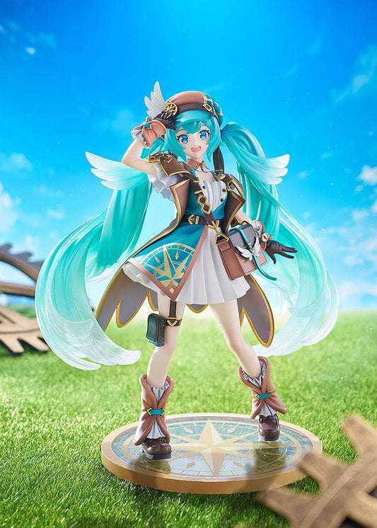 1/7 scale Hatsune Miku 100th Adventure Ver. figure in teal traveler outfit with long twin-tails and compass-style base