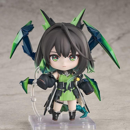Arknights Nendoroid Mon3tr figure wearing a black-and-green tactical outfit with oversized gauntlets and crystalline appendages.