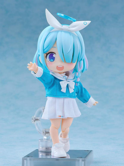 Blue Archive Nendoroid Doll Arona with blue hair, a white bow and halo, wearing a blue-and-white fabric school uniform.