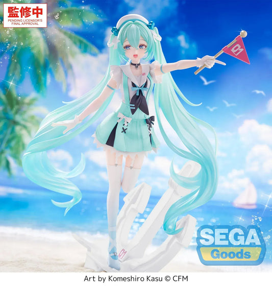 Hatsune Miku sailor figure with twin tails holding flag standing on anchor base