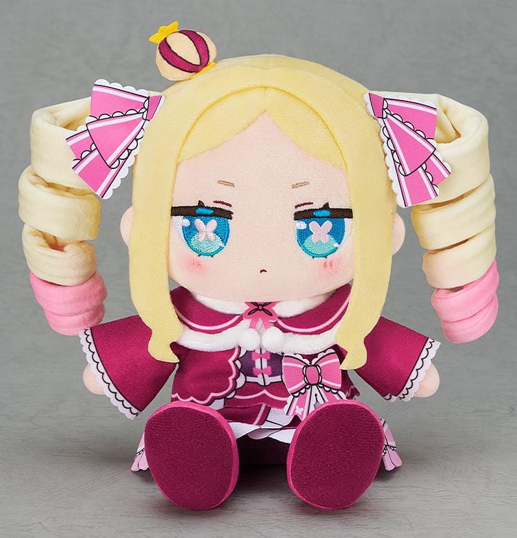 Rezero Starting Life in Another World Beatrice Chocopuni Plushie (Rerelease) featuring blonde twin drill curls, bright blue embroidered eyes, a pink and burgundy outfit, oversized hair bows, and a cute seated chibi design.