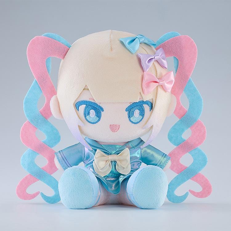 NEEDY GIRL OVERDOSE OMGkawaiiAngel Punipuni plushie with pink and blue spiral twin-tails, embroidered blue eyes, and a shimmering blue outfit.