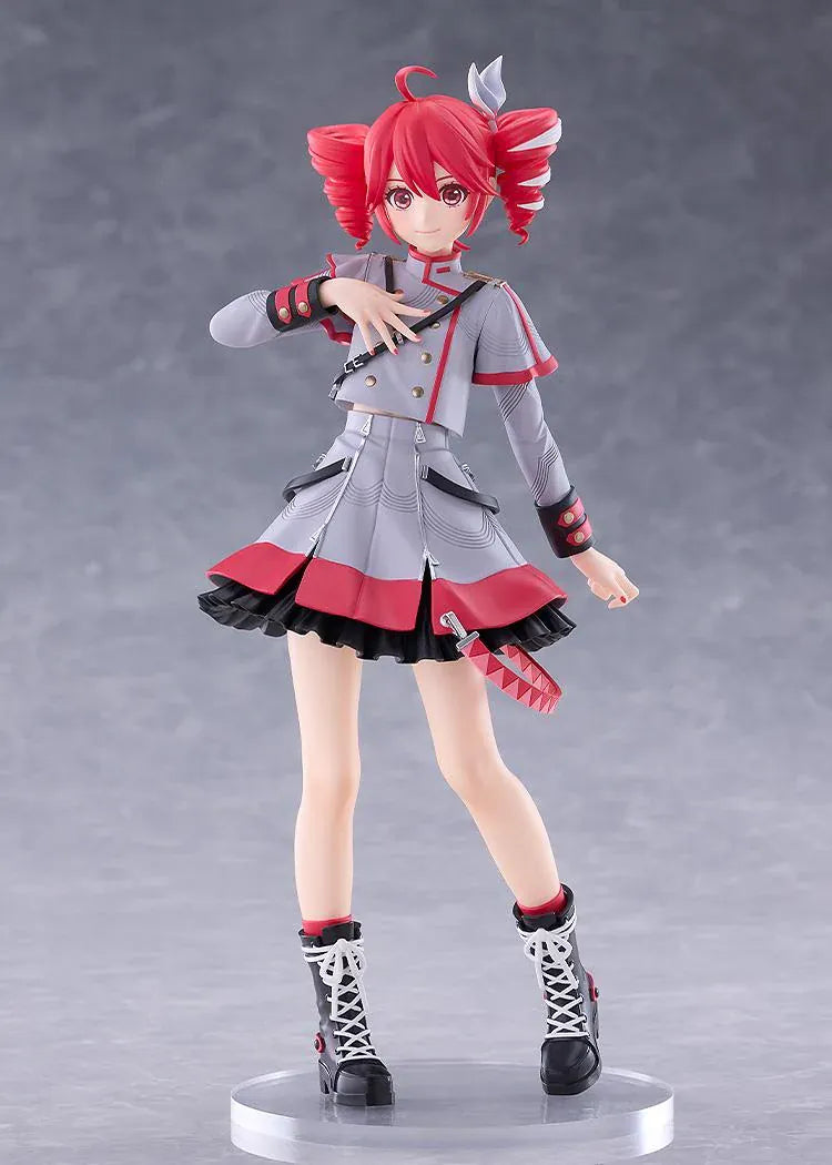 Kasane Teto Synthesizer V AI figure with red drill curls, a gray and red outfit, layered skirt, and black lace-up boots, posed with one hand across her chest.