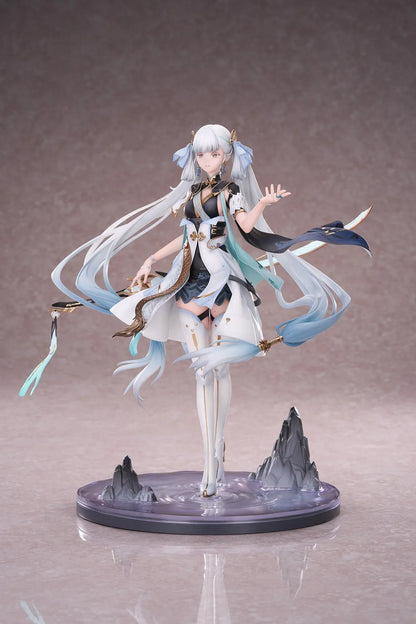 Wuthering Waves Jinhsi 1/7 Scale Figure with long white hair, elegant blue and gold outfit, flowing accessories, water-style display base, and bonus item