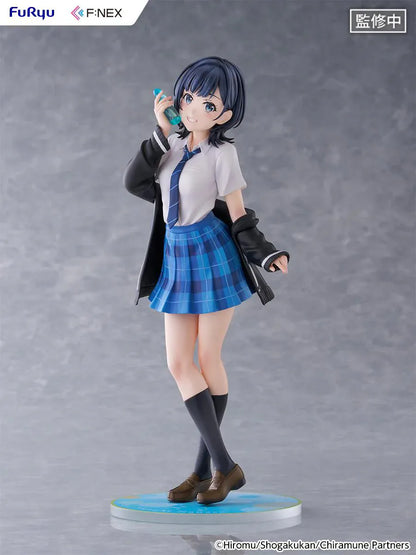 Chitose Is in the Ramune Bottle Yuzuki Nanase 1/7 Scale Figure with short dark hair, blue plaid skirt, school uniform outfit, drink bottle accessory, and display base