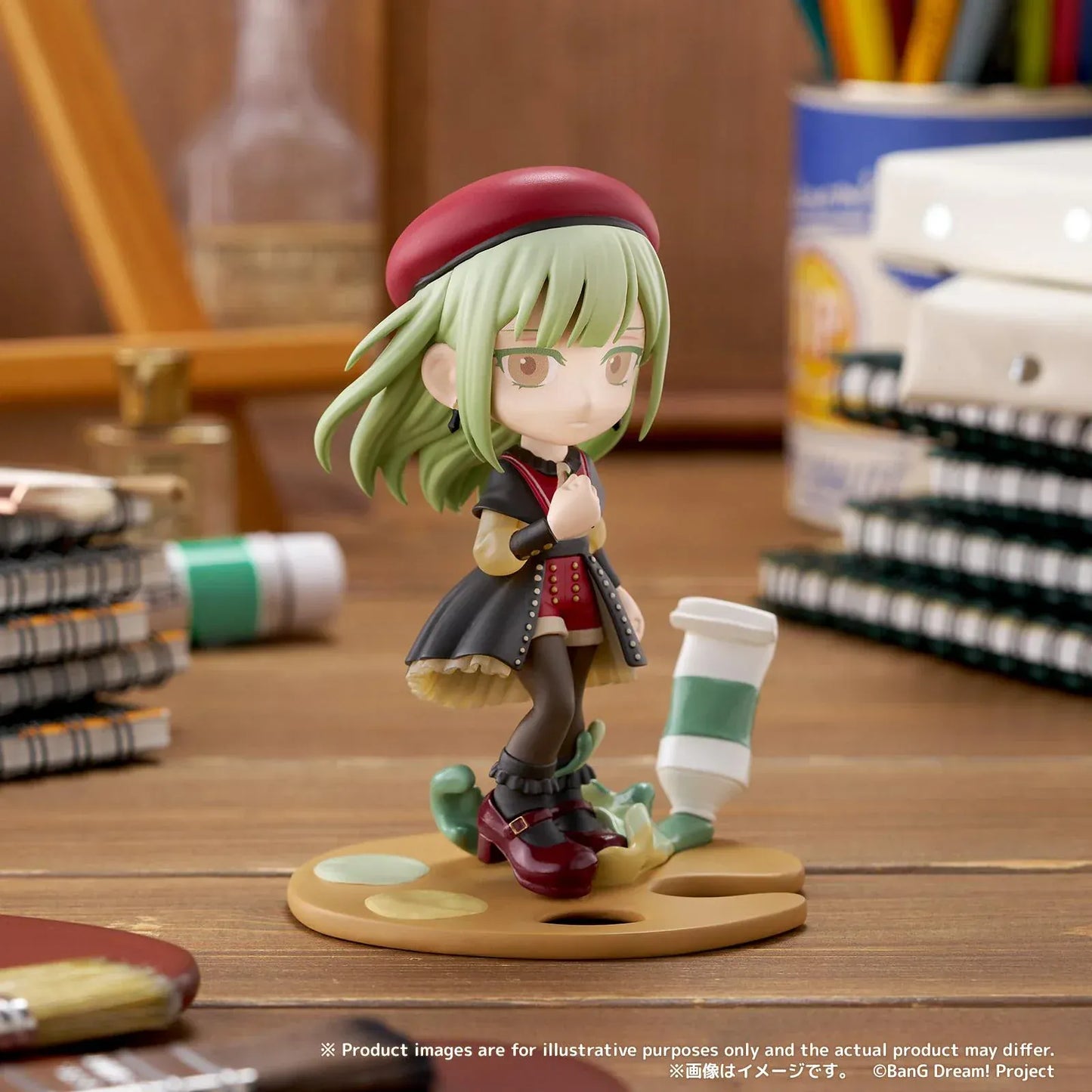 BanG Dream PalVerse Pale Ave Mujica Mortis chibi figure with green hair gothic outfit and painter palette base