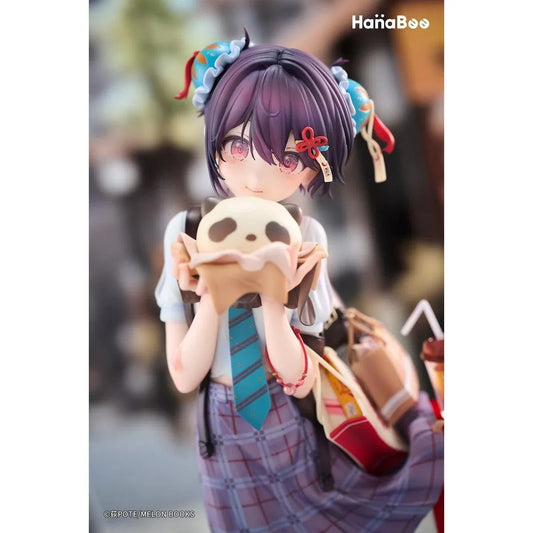 Panda Nikuman-chan Illustrated by Ogipote 1/6 Scale Figure featuring a purple-haired anime girl wearing a plaid skirt, white blouse, and teal necktie while holding a panda-shaped steamed bun beside a red street food sign.