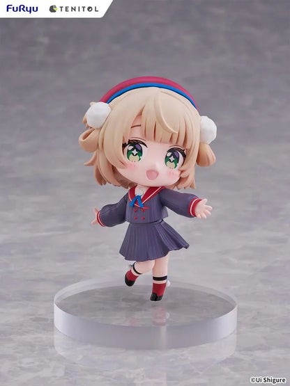 Ui Shigure Tenitol Mini Ui Shigure Figure with blonde hair, green eyes, earmuffs, school uniform outfit, cheerful pose, and round display base