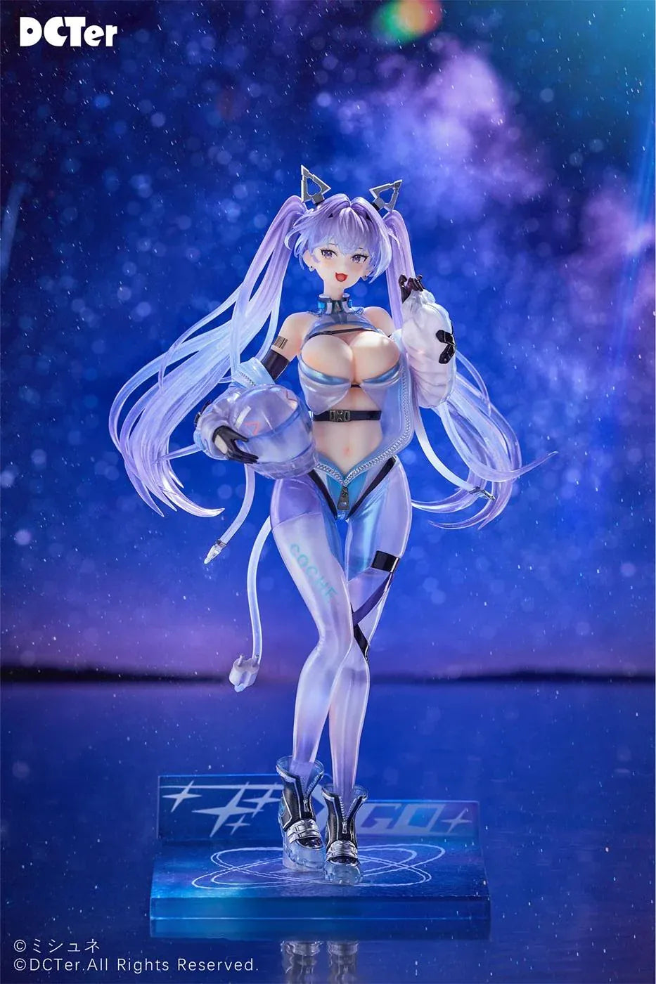 Star Sky Aila 1/7 scale figure featuring lavender twin tails, a futuristic blue bodysuit, helmet accessory, and custom sci-fi display base
