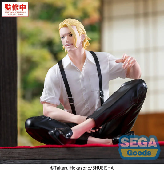 Kagurabachi Togo Shiba High Premium Perching Figure by SEGA sitting with suspenders and black pants