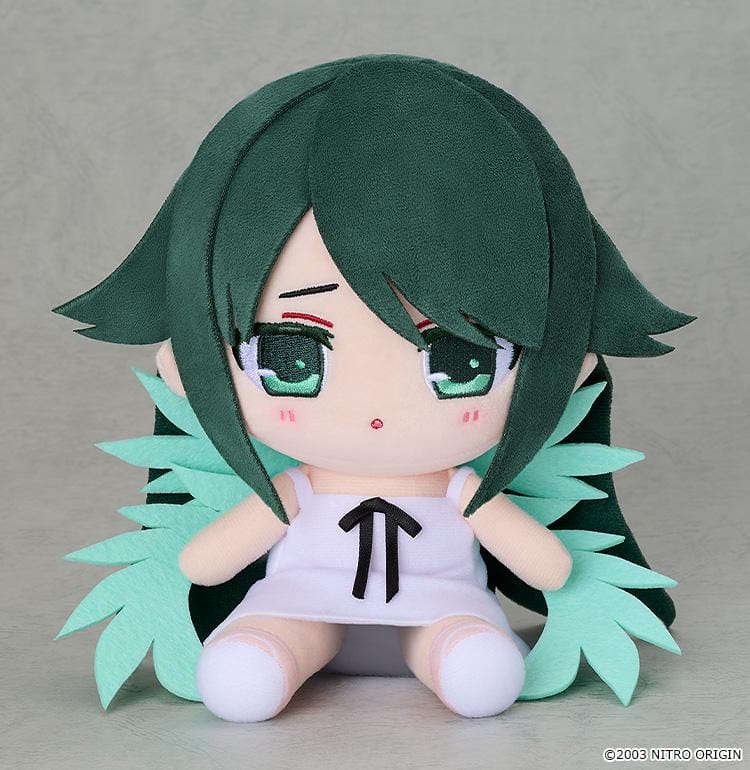 The Song of Saya Chocopuni Plushie Saya featuring Saya in a seated chibi-style plush design with dark green hair, green embroidered eyes, white outfit, and wing-like accents.