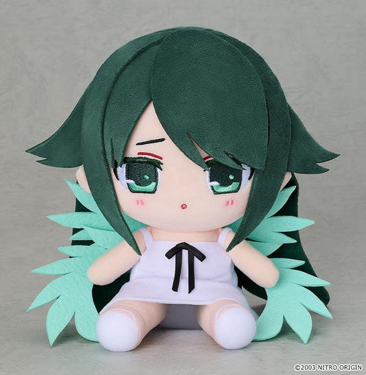 The Song of Saya Chocopuni Plushie Saya featuring Saya in a seated chibi-style plush design with dark green hair, green embroidered eyes, white outfit, and wing-like accents.