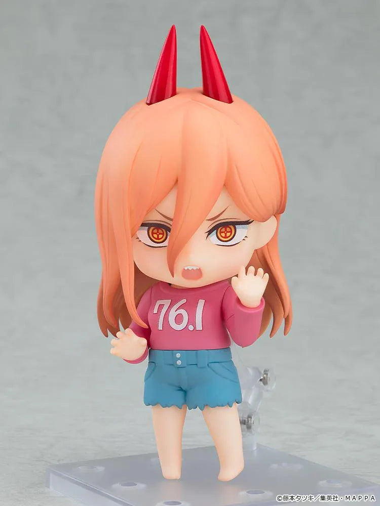 Chainsaw Man Nendoroid Power Casual Outfit Ver. Basic figure wearing a pink 76.1 sweatshirt and blue shorts.