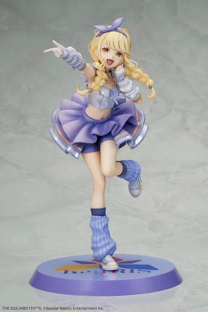 The Idolmaster Gakuen Kotone Fujita Re;IRIS Ver. 1/7 Scale Figure featuring Kotone with blonde twin braids, purple idol outfit, leg warmers, and themed display base.