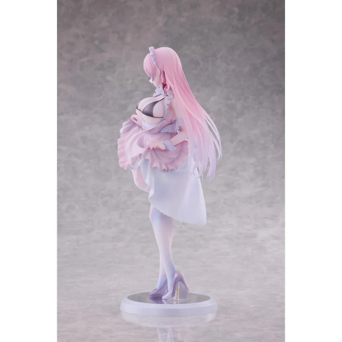 Maid Oneesan Cynthia Different Color Ver. 1/6 Scale Figure illustrated by Yukimiya Yuge, featuring a pink-haired anime girl in a frilly pink and white maid outfit with a black top, white stockings, and high heels.