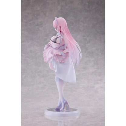 Maid Oneesan Cynthia Different Color Ver. 1/6 Scale Figure illustrated by Yukimiya Yuge, featuring a pink-haired anime girl in a frilly pink and white maid outfit with a black top, white stockings, and high heels.