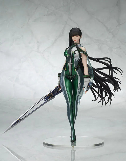 Stellar Blade Eve non-scale figure in a futuristic green and gray combat suit holding a long sword with flowing black hair