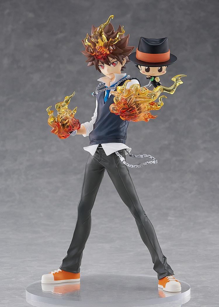 REBORN! POP UP PARADE SP Tsunayoshi Sawada and Reborn Figure featuring Tsuna with flame effects, chain accents, battle-ready pose, and Reborn beside him.