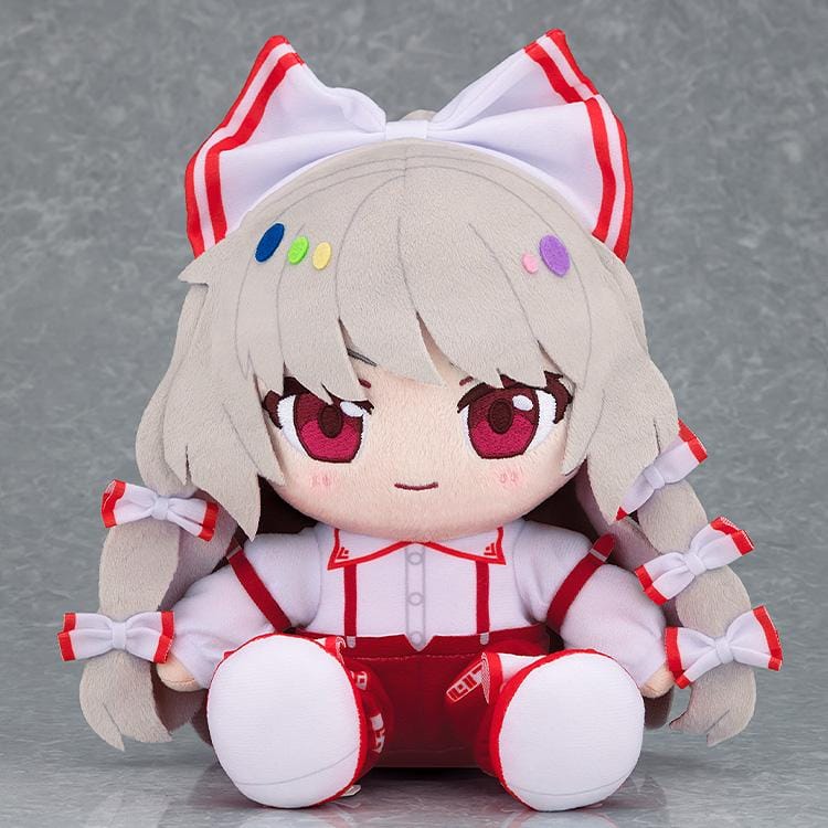 Touhou Lost Word Chocopuni Fujiwara no Mokou plush with silver-gray hair, red eyes, white and red bows, and red patterned trousers.