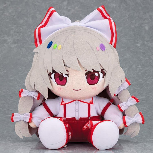 Touhou Lost Word Chocopuni Fujiwara no Mokou plush with silver-gray hair, red eyes, white and red bows, and red patterned trousers.