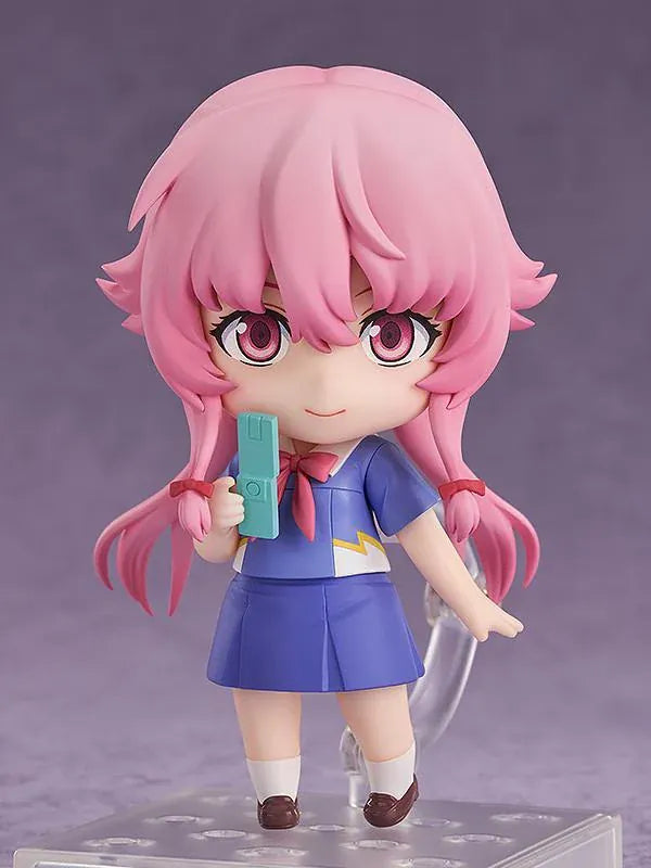 The Future Diary Nendoroid Yuno Gasai Figure rerelease featuring pink hair, school uniform, and chibi design with character accessories