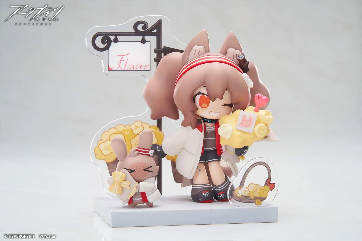 Arknights Cuties Series Angelina Chibi Figure with bunny companion, flower bouquet, baskets, and flower shop display accessories