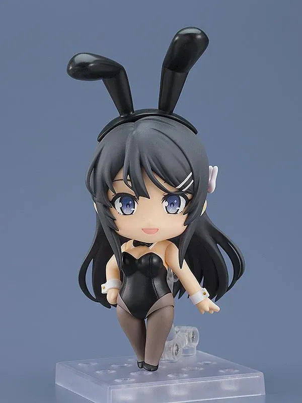 Rascal Does Not Dream of Bunny Girl Senpai Nendoroid Mai Sakurajima Bunny Girl Ver. (Rerelease) featuring a black-haired anime girl with blue eyes wearing a black bunny suit, bunny ears, sheer tights, white wrist cuffs, and a black bow tie.