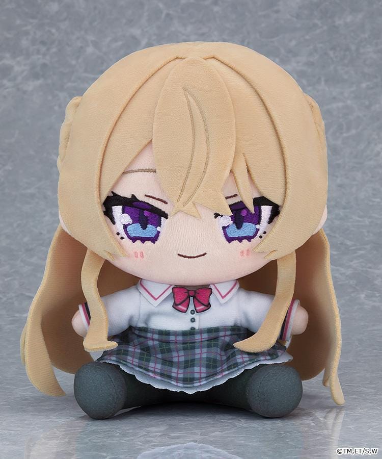 There's No Freaking Way I'll Be Your Lover! Unless... Mai Oduka Chocopuni Plushie featuring a blonde-haired anime girl with purple and blue embroidered eyes, a gentle smile, white school blouse, pink ribbon, plaid skirt, and dark gray shoes.