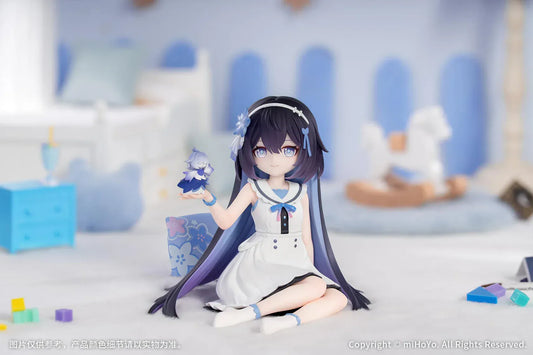 Honkai Impact 3rd Seele Vollerei Herrscher of Rebirth version figure seated with chibi companion and flowing gradient purple blue hair.