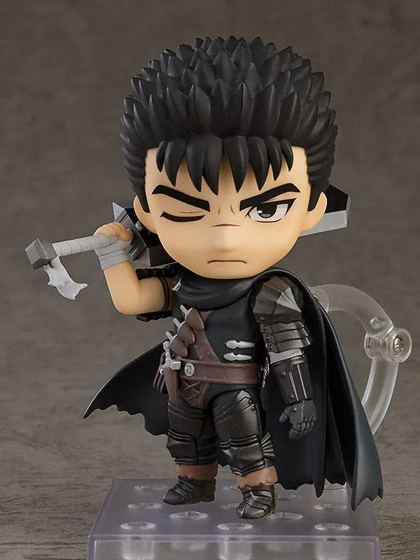 Berserk Nendoroid Guts Figure Rerelease featuring Guts with spiked black hair, armor, black cape, serious expression, and Dragon Slayer sword.