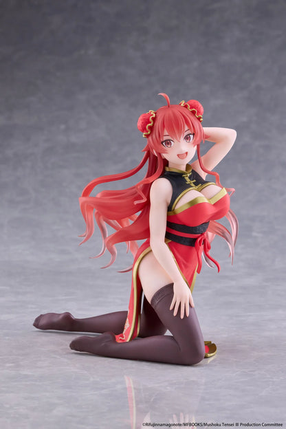 Mushoku Tensei Jobless Reincarnation Desktop Cute Eris Boreas Greyrat Chinese Dress Ver. Figure featuring long flowing red hair, red eyes, decorative twin buns, a red and black Chinese-inspired dress with gold accents, and dark thigh-high stockings in a playful kneeling pose.