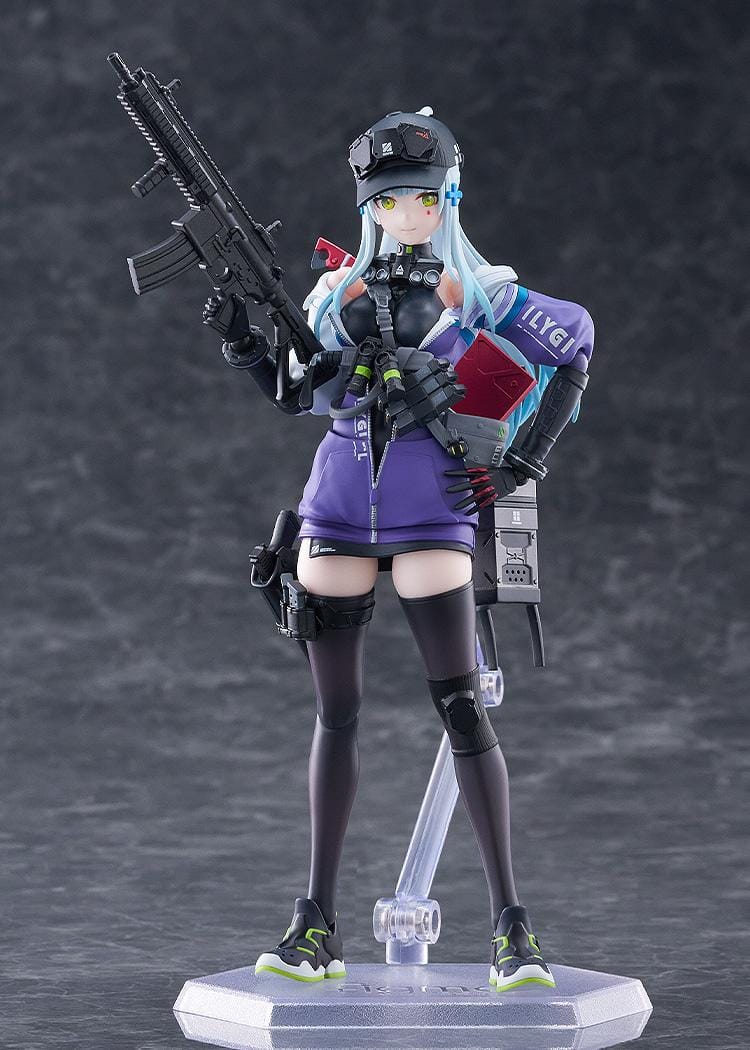 Girls' Frontline 2 Exilium figma Klukai Figure featuring Klukai with light blue hair, tactical outfit, purple jacket, weapon accessory, and futuristic gear details.