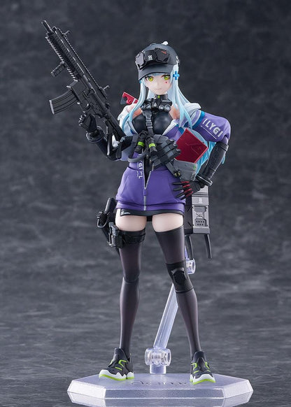 Girls' Frontline 2 Exilium figma Klukai Figure featuring Klukai with light blue hair, tactical outfit, purple jacket, weapon accessory, and futuristic gear details.