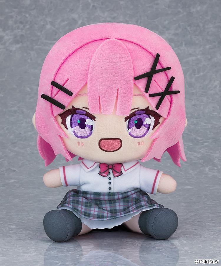 There's No Freaking Way I'll Be Your Lover! Unless... Renako Amaori Chocopuni Plushie featuring a pink-haired anime girl with purple embroidered eyes, a cheerful expression, white school blouse, pink ribbon, plaid skirt, and dark gray shoes.