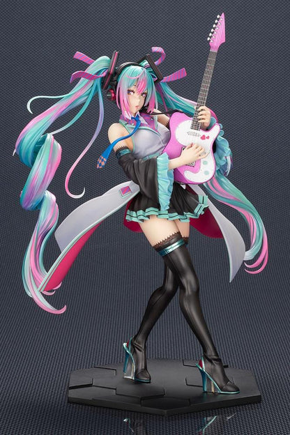 Vocaloid Bishoujo ReMIX Hatsune Miku 1/7 Scale Figure Rerun featuring Miku with teal and pink twin tails, headphones, electric guitar, black boots, and stage-inspired outfit.