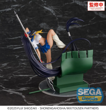 XStellar Unchou Kan'u figure in an acrobatic pose with long purple hair, a silver-bladed polearm, and a torn blue and white sailor outfit.