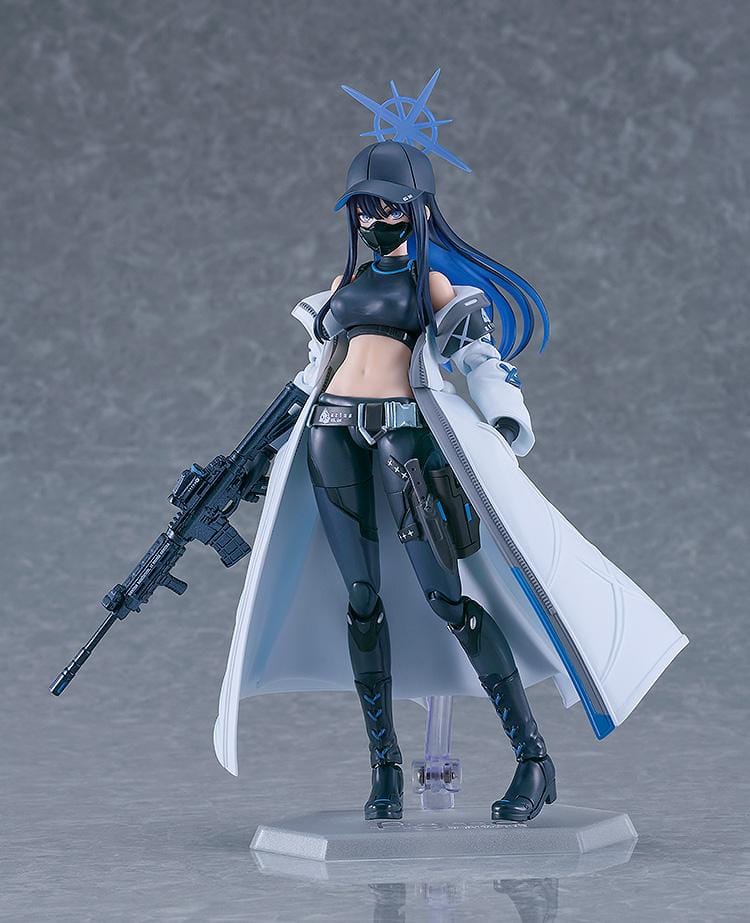 Blue Archive figma Saori Joumae figure featuring Saori in a tactical black outfit, white coat, cap, face mask, and weapon accessory